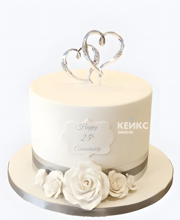 Торт на льняную свадьбу с розами и серебряными сердцами Фото