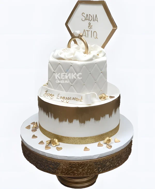 Торт на льняную свадьбу с золотом и кольцом Фото