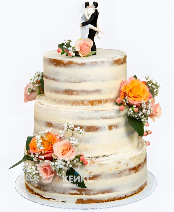 Торт на льняную свадьбу в стиле рустик с живыми цветами и фигурками Фото