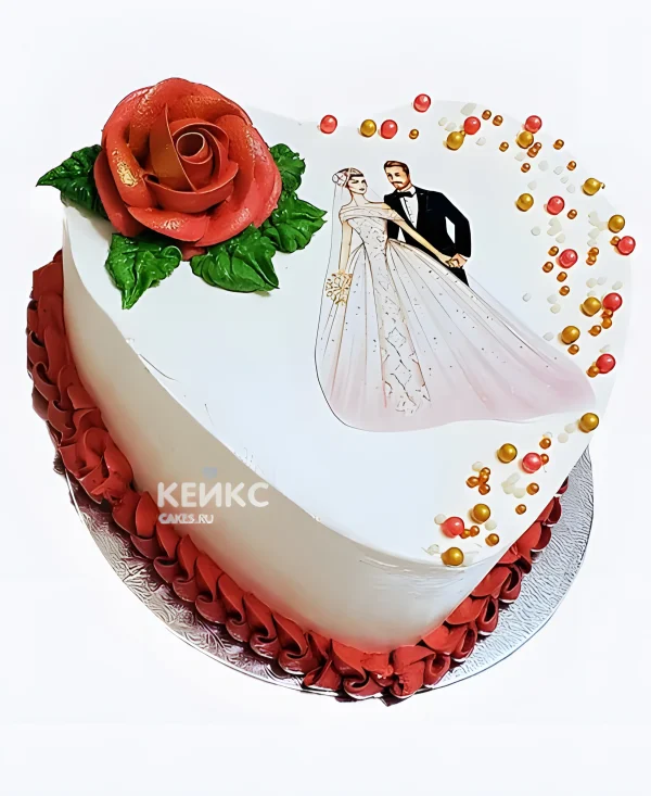 Торт на льняную свадьбу в виде сердца с розой и фотопечатью Фото