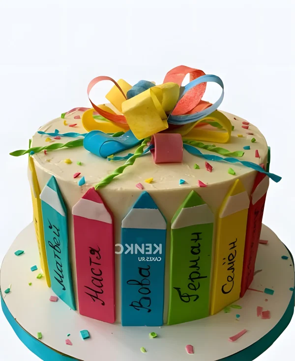 Торт на выпускной в 4 класс с карандашами и бантиком Фото