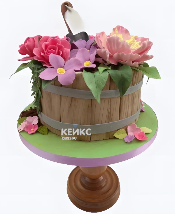 Торт огород с пышными цветами из мастики Фото