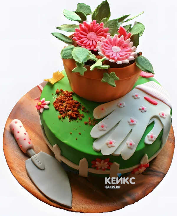 Торт огород с цветком и перчатками Фото