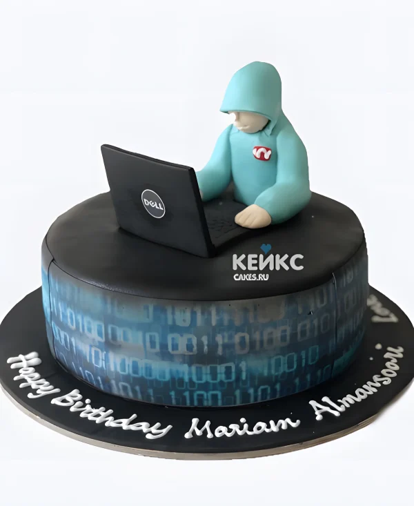 Торт программисту с ноутбуком и фигуркой человека Фото