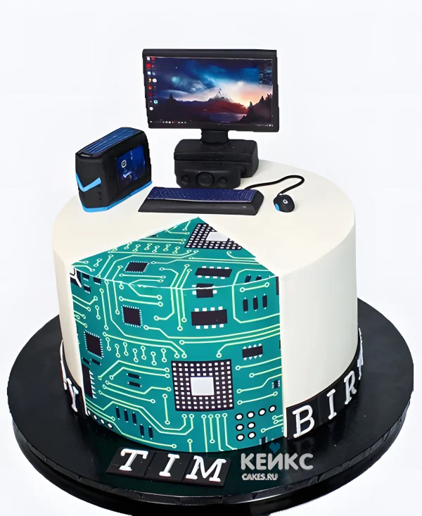Торт программисту в белом цвете из мастики Фото