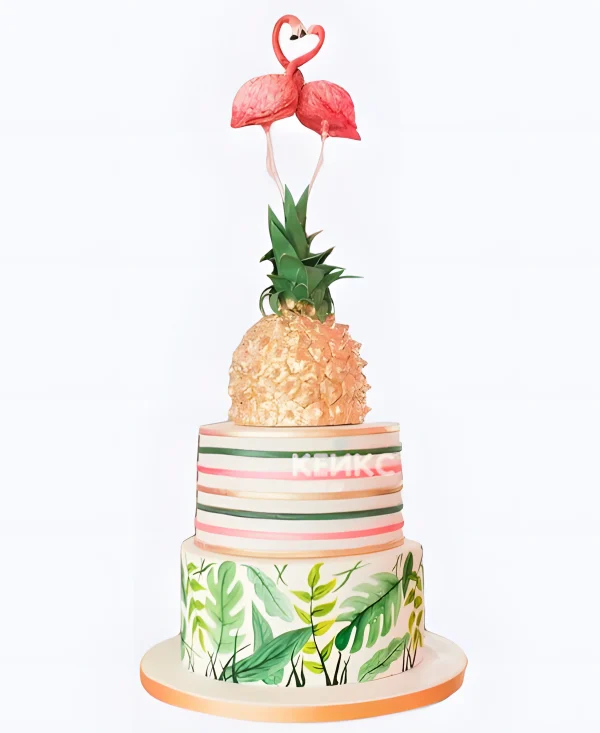 Торт с ананасом и влюбленными фламинго Фото