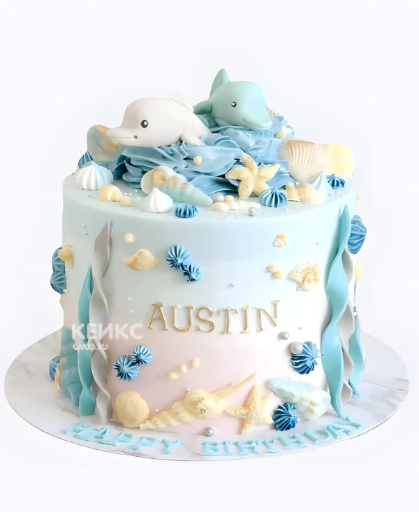 Торт с дельфинами и ракушками Фото