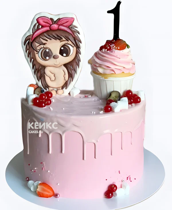 Торт с ежиком и капкейком на 1 год Фото