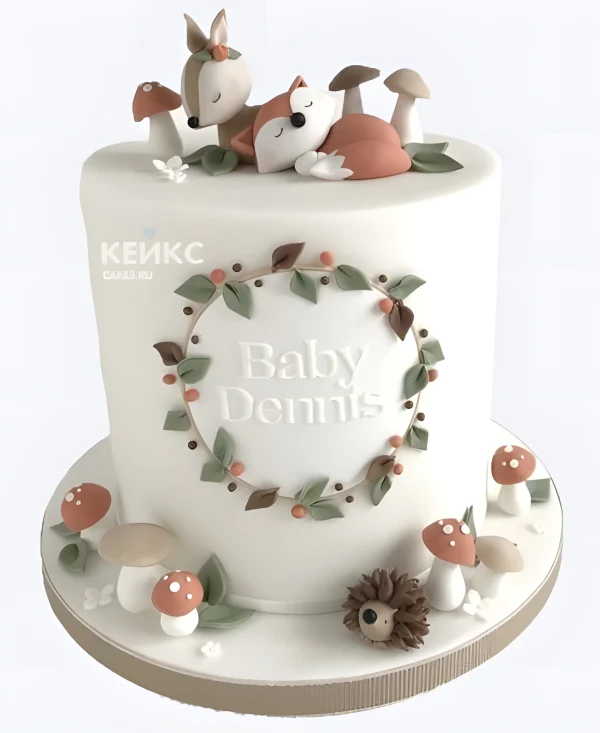 Торт с лисятами и грибами из мастики Фото