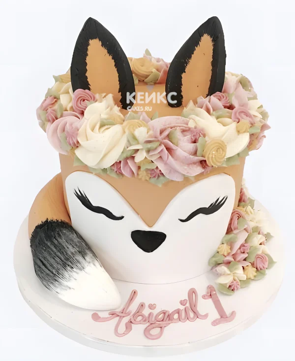 Торт с лисой и цветами из крема Фото