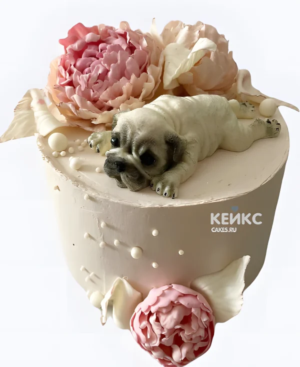Торт с мопсом и цветами Фото