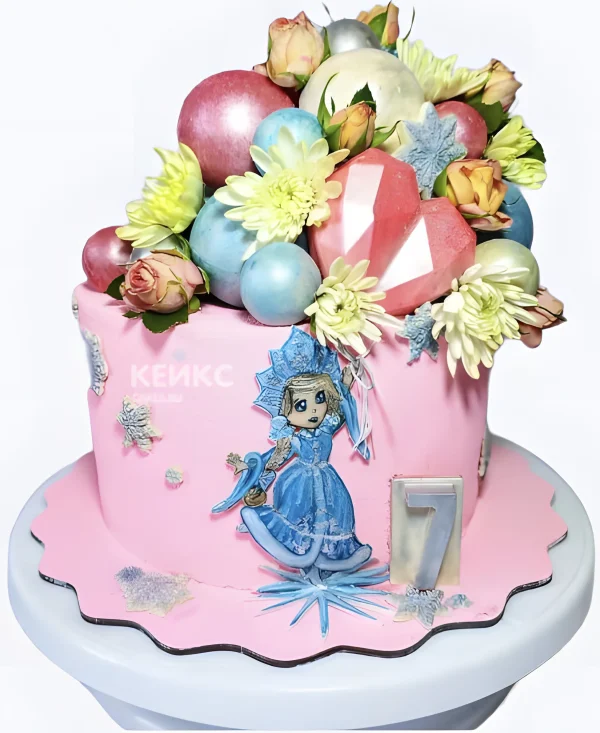 Торт со снегурочкой и цветами Фото