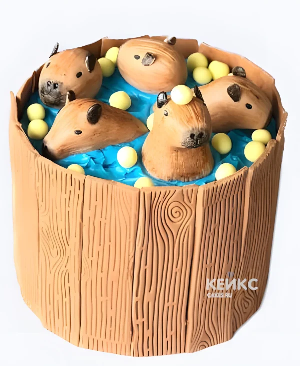Торт в виде бочки с купающимися капибарами Фото