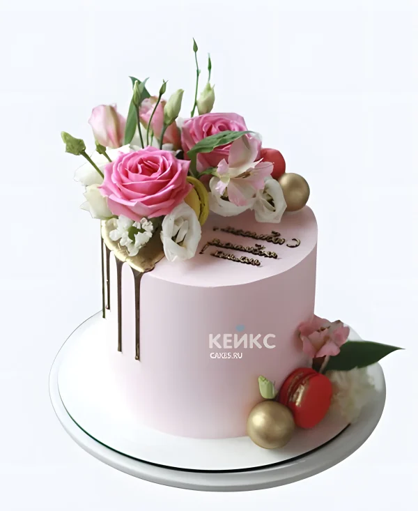 Торт женщине на 65 лет с букетом цветов и надписью Фото