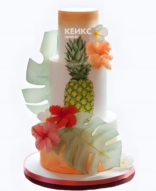 Трехъярусный торт с фотопечатью листьев и ананаса Фото