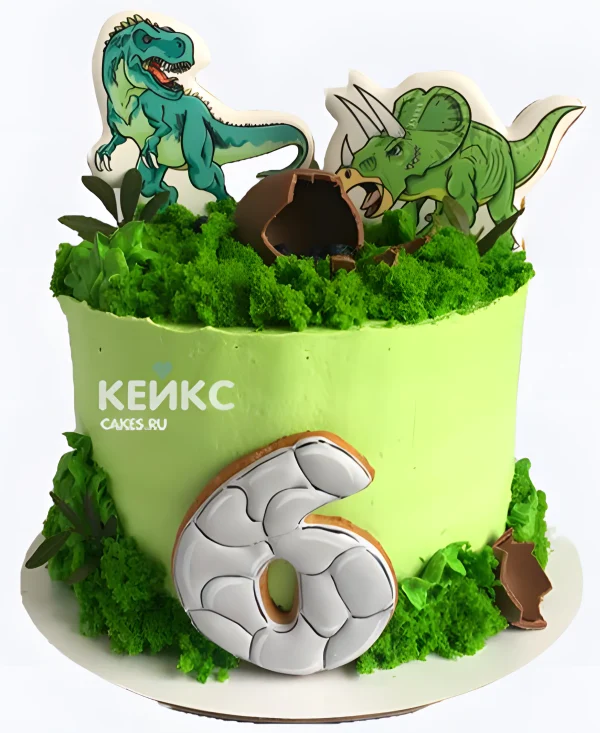 Зеленый бенто торт с динозавром и цифрой 6 Фото