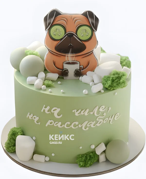 Зеленый торт с мопсом Фото