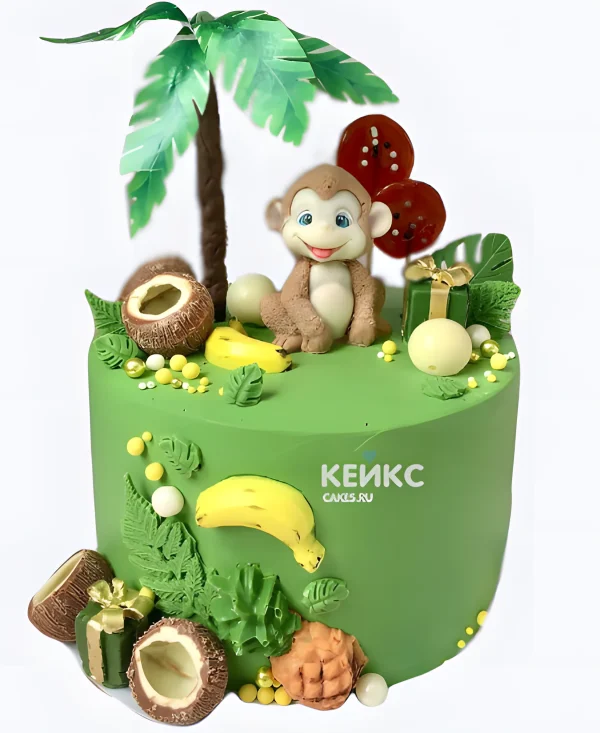 Зеленый торт с обезьянкой и пальмой Фото