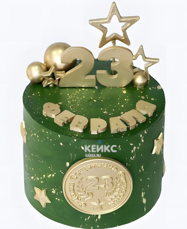 Зеленый торт с золотистым декором из шоколада Фото