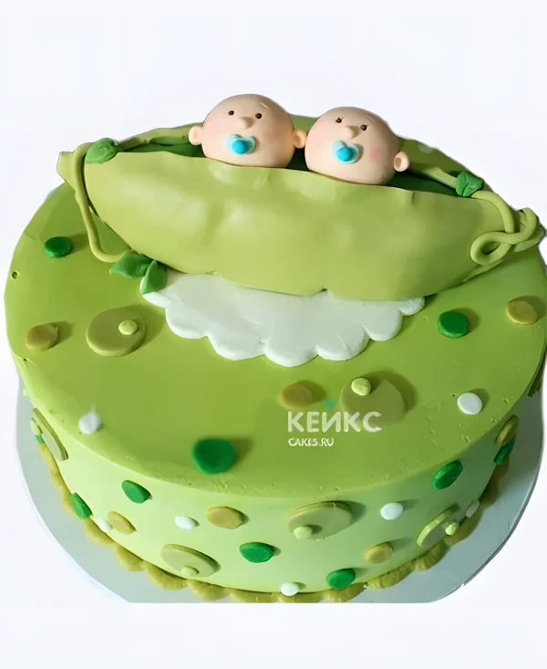 Зеленый тортик с горошком и малышами для мальчиков двойняшек Фото