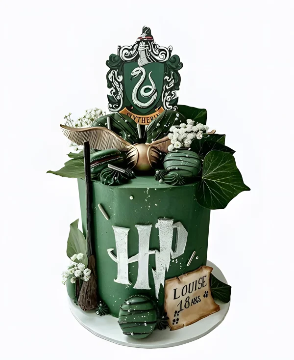 Грациозный высокий тортик с растениями и метлой по Гарри Поттеру Фото