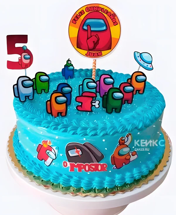 Сине-голубой торт на пятый день рождения по игре Among Us Фото