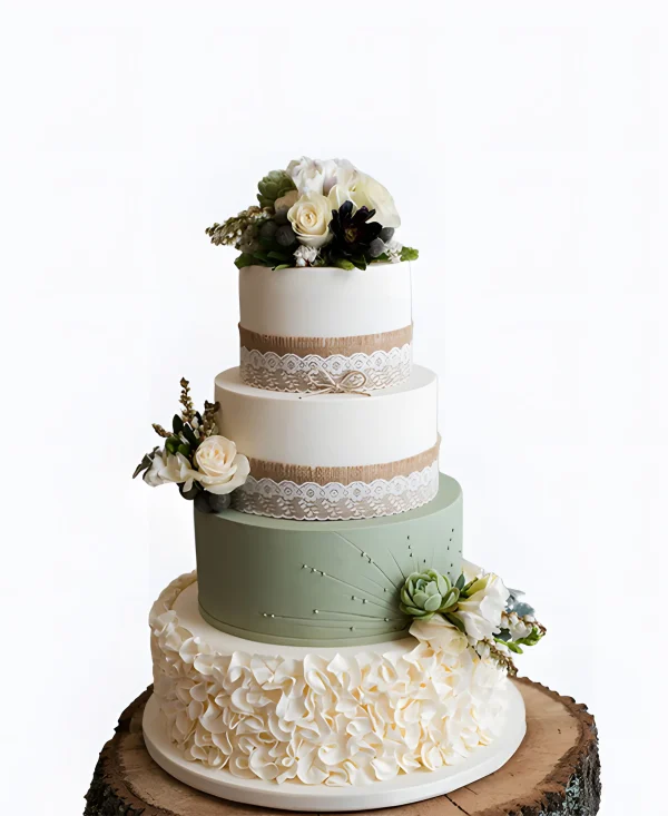 Трендовый свадебный торт с кружевом и цветами Фото