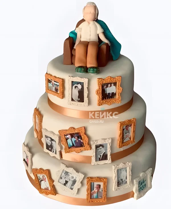 Трёхъярусный торт с фоторамками на юбилей дедушки Фото