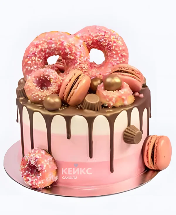 Розовый торт девочке с пончиками и макарунами Фото