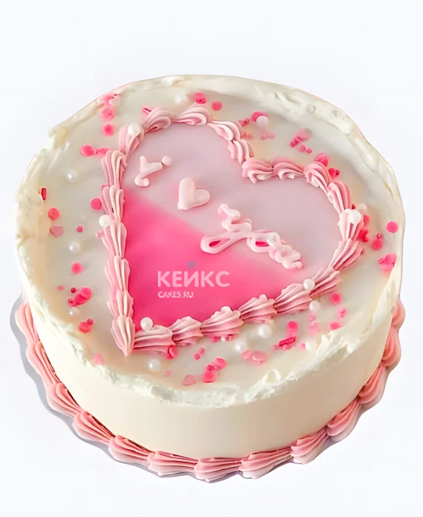 Бело-розовый милый торт на 14 февраля Фото