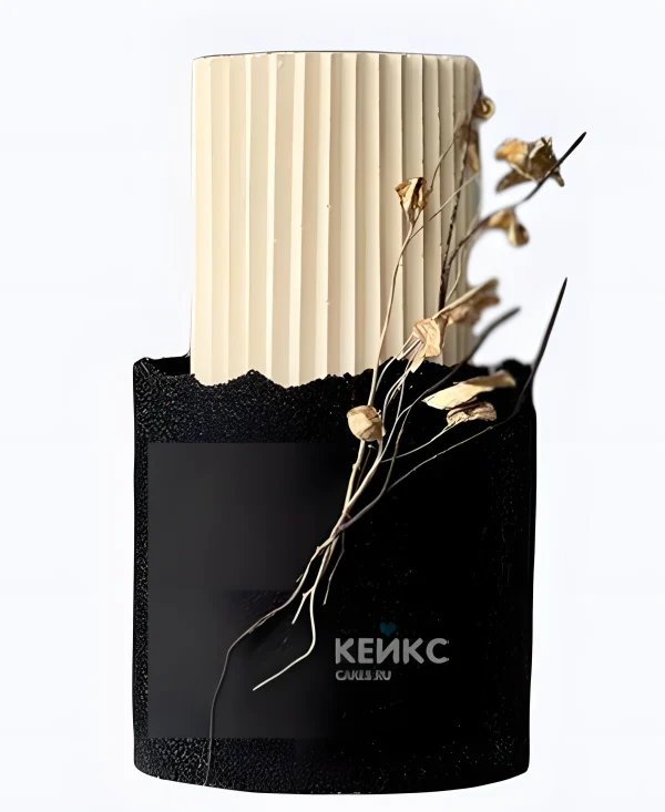 Белый свадебный торт двухъярусный с черным ярусом и золотой веточкой Фото