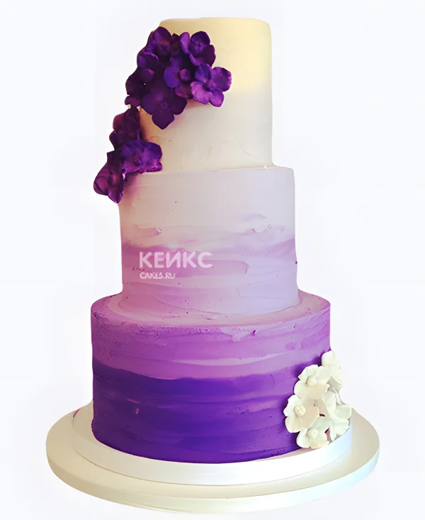 Белый свадебный торт Фиолетовое омбре с цветами Фото
