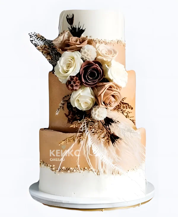 Белый свадебный торт Коричневый букет Фото