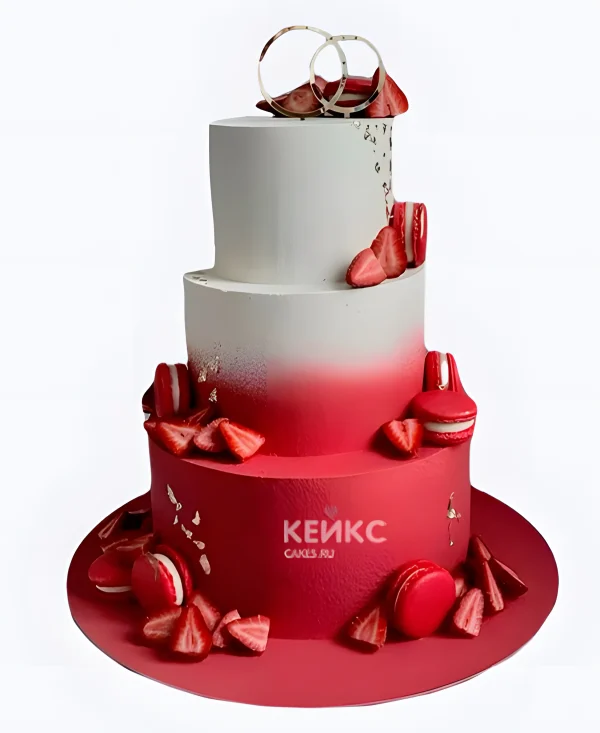Белый свадебный торт Красное омбре с клубникой и макарон Фото