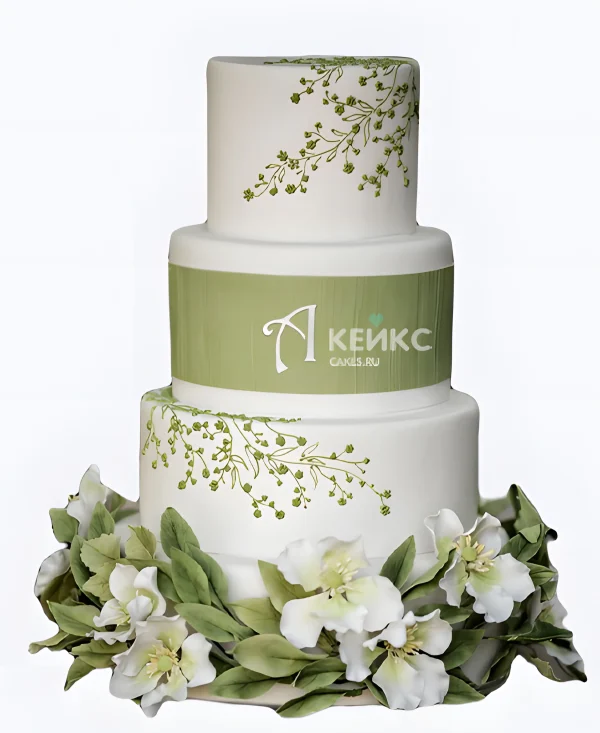 Белый свадебный торт Оливковые узоры с цветами Фото
