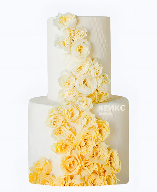 Белый свадебный торт с желтыми розами и сотами Фото