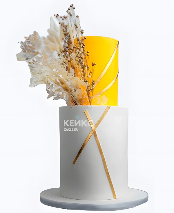 Белый свадебный торт Желтый ярус с веточкой Фото