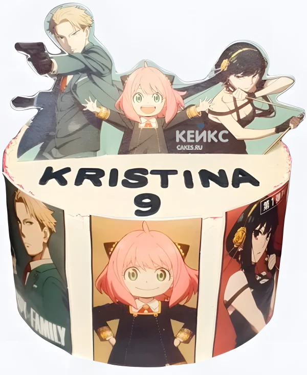 Белый торт на день рождения с фотопечатью аниме Семейка шпионов Фото