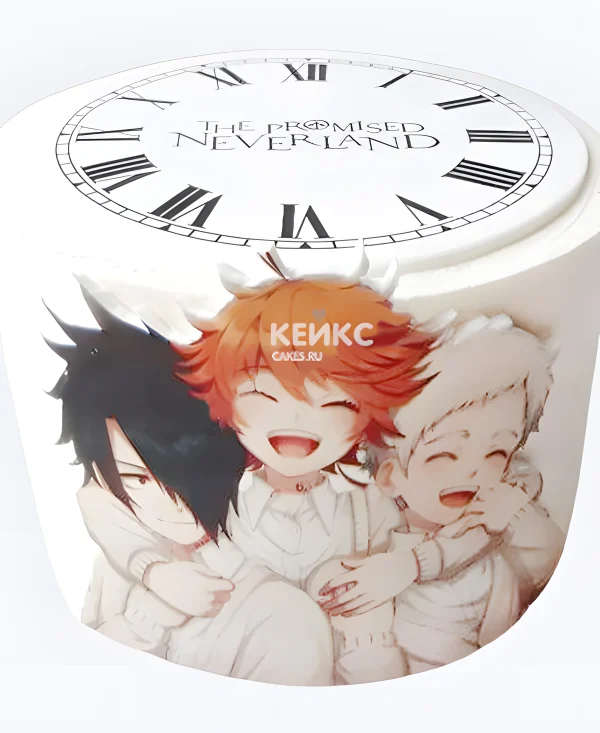Белый торт на день рождения с циферблатом аниме Обещанный Неверленд Фото