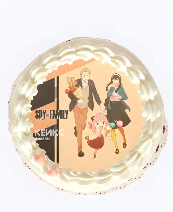 Белый торт с фотопечатью на день рождения аниме Семейка шпионов Фото