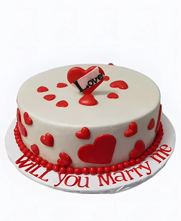 Белый торт на сватовство с красными сердечками Фото