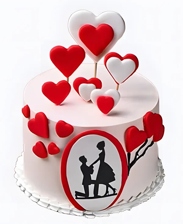 Белый торт с влюбленными и сердцами на сватовство Фото