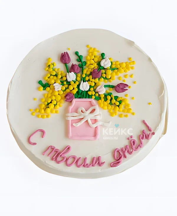 Бенто торт на 8 марта с мимозой и тюльпанами Фото
