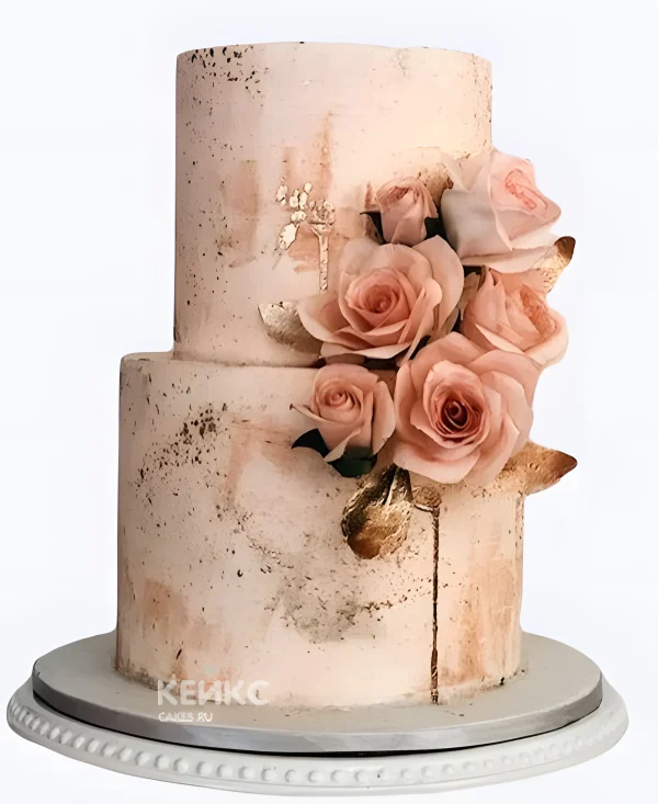 Бежевый свадебный торт Цветочная брошь с золотыми вкраплениями Фото