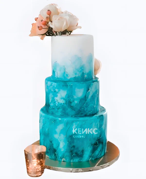 Бирюзовый свадебный торт Букет из роз Фото