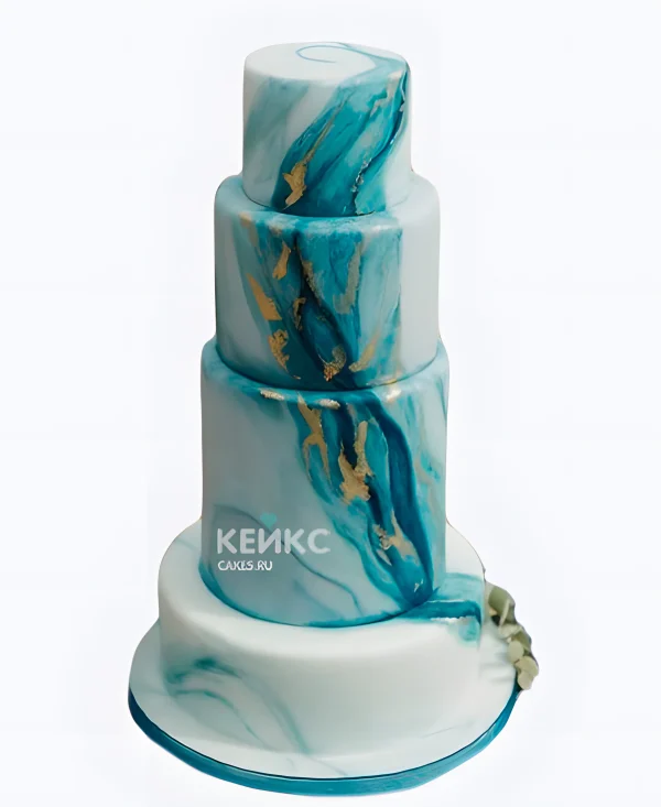 Бирюзовый свадебный торт четырехъярусный мраморный Фото