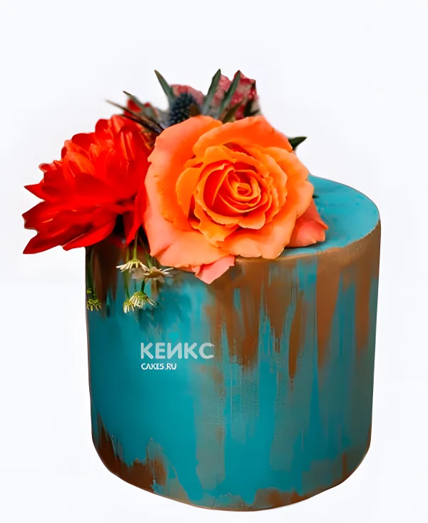 Бирюзовый свадебный торт Оранжевые розы Фото
