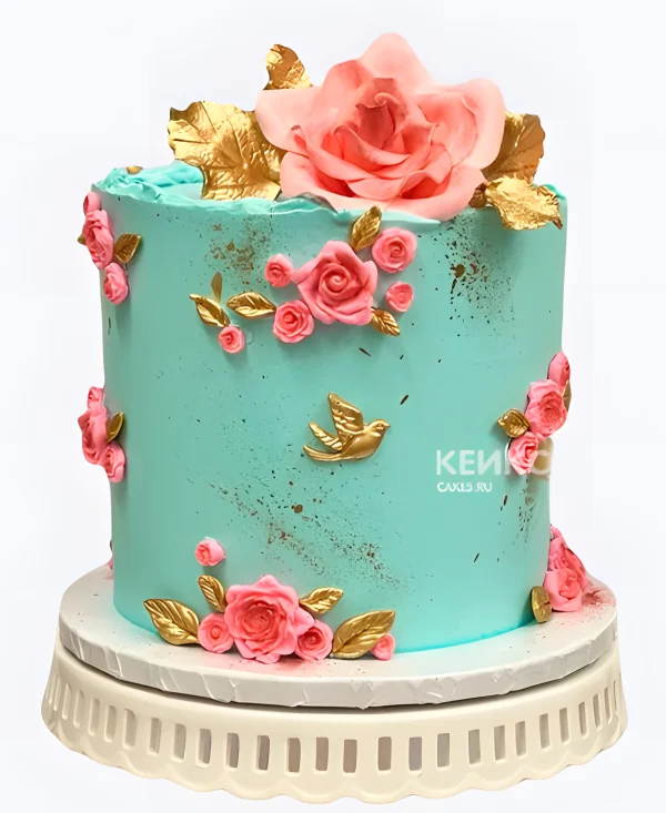Бирюзовый свадебный торт Розы с золотыми листочками Фото