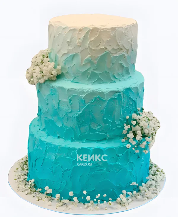 Бирюзовый свадебный торт с белыми цветочками и мазками Фото