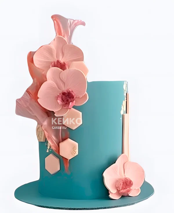 Бирюзовый свадебный торт с орхидеями Фото